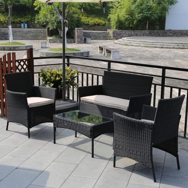 4 Pieces Patio Furniture Set Rattan Outside Furniture Wicker Sofa Garden Conversation Sets with Soft Cushion and Glass Table for Yard Pool or Backyard,Black - Image 2