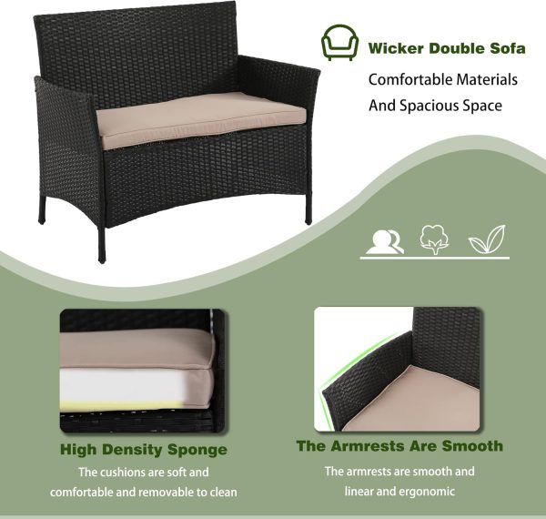 4 Pieces Patio Furniture Set Rattan Outside Furniture Wicker Sofa Garden Conversation Sets with Soft Cushion and Glass Table for Yard Pool or Backyard,Black - Image 6
