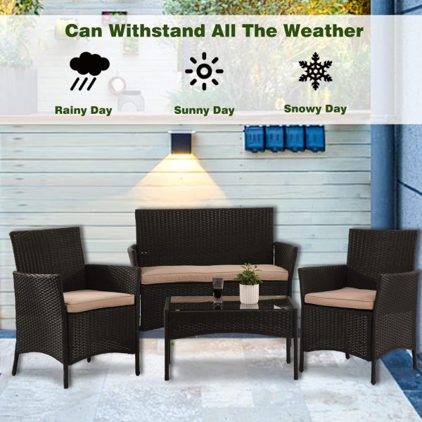 4 Pieces Patio Furniture Set Rattan Outside Furniture Wicker Sofa Garden Conversation Sets with Soft Cushion and Glass Table for Yard Pool or Backyard,Black - Image 7