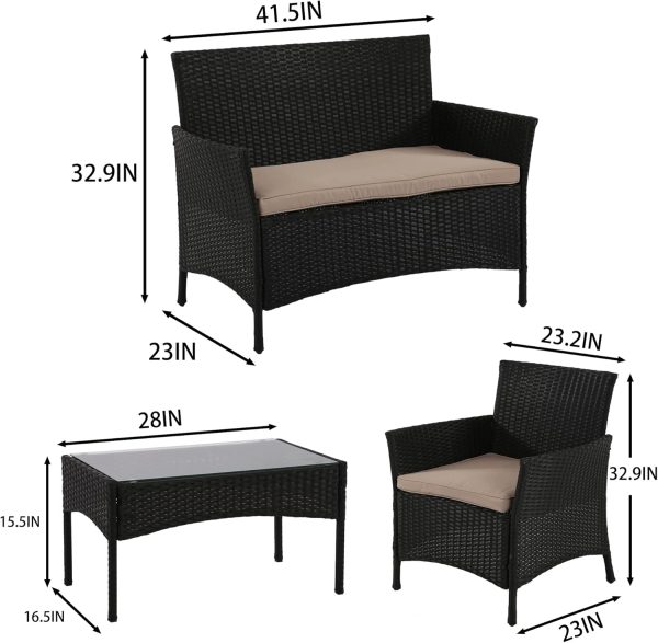 4 Pieces Patio Furniture Set Rattan Outside Furniture Wicker Sofa Garden Conversation Sets with Soft Cushion and Glass Table for Yard Pool or Backyard,Black - Image 8