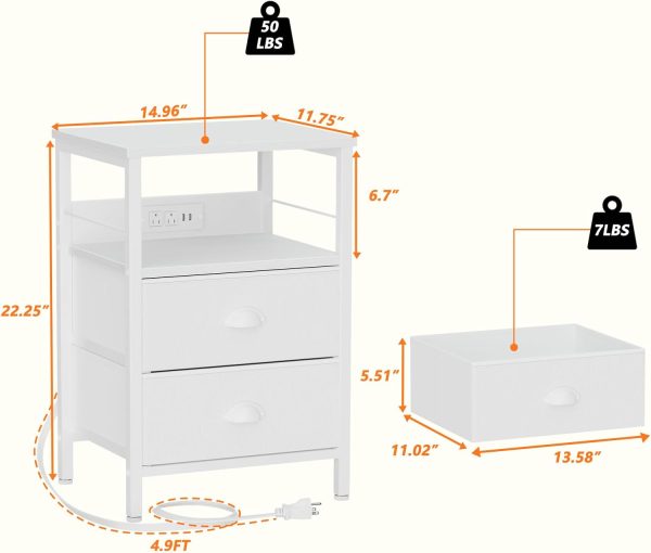 Furologee End Table with Charging Station, Nightstand with Fabric Drawers, Side Tables with USB Ports & Outlets, Night Stand with Storage Shelf & Hooks, for Living Room/Bedroom, White - Image 3